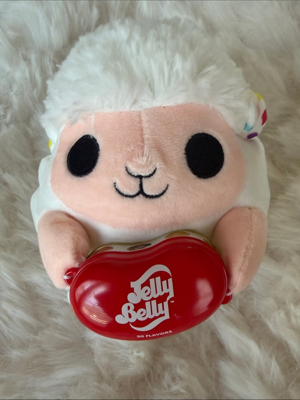 Jelly Belly Plush Lamb Holding Red Heart Tin - White & Pink Cuddly Toy